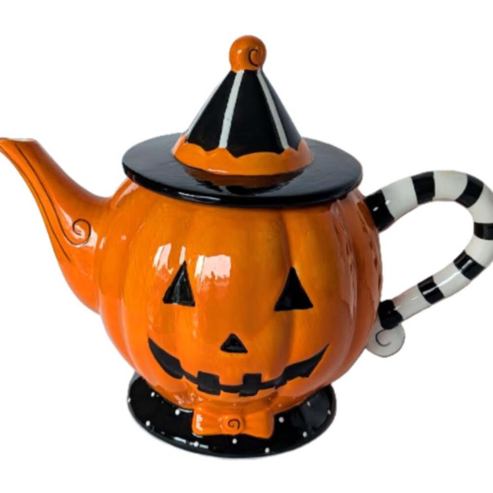 Halloween Orange and Black Pumpkin Jack O Lantern Teapot by Arlington Designs